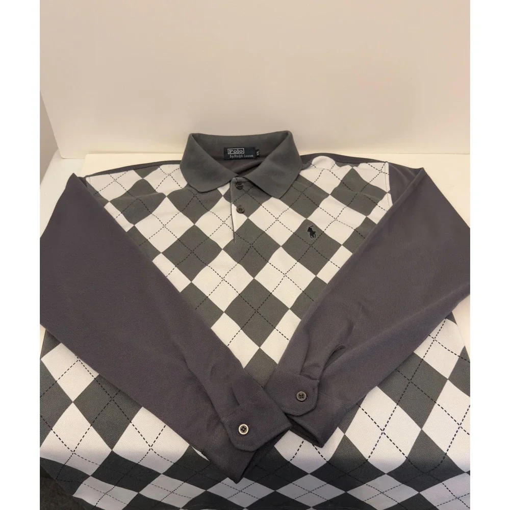 Polo Ralph Lauren Mens XXL Gray Argyle Long Sleeve Cotton Pique‎ Polo Shirt Rare